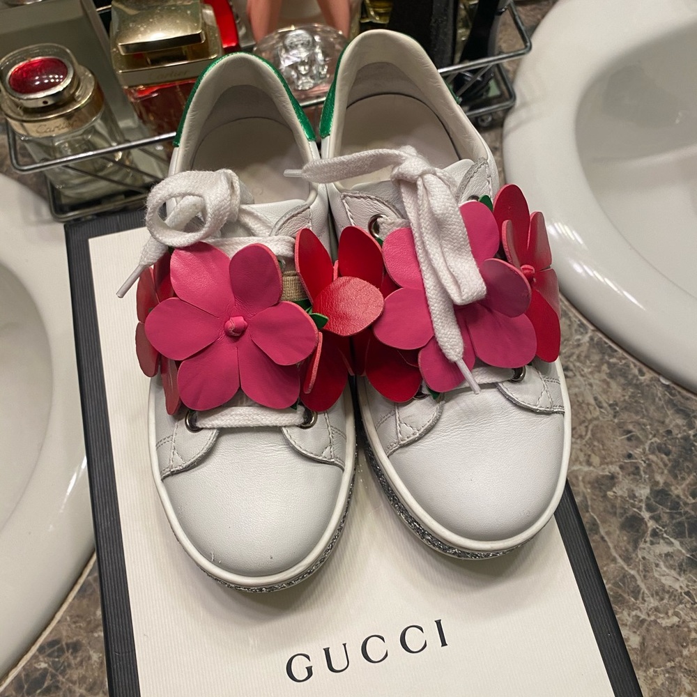 Kids Gucci Ace Flowers Glitter Platforms